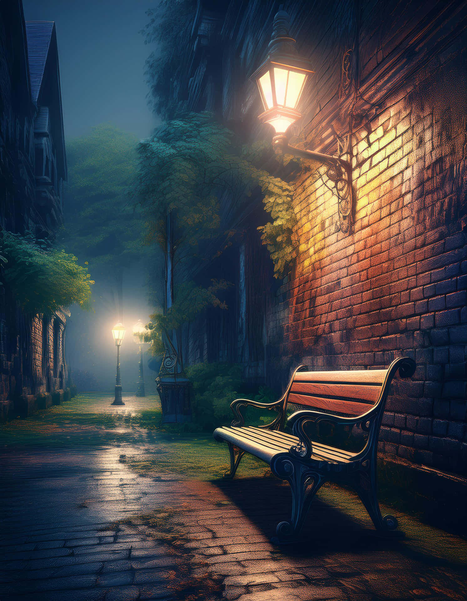 A Quiet Bench Under the Street Lights at Night 壁紙 — 一張孤獨的華麗長椅在溫暖的路燈下發光，位於霧氣瀰漫的鵝卵石小巷，兩旁是磚牆和樹木。