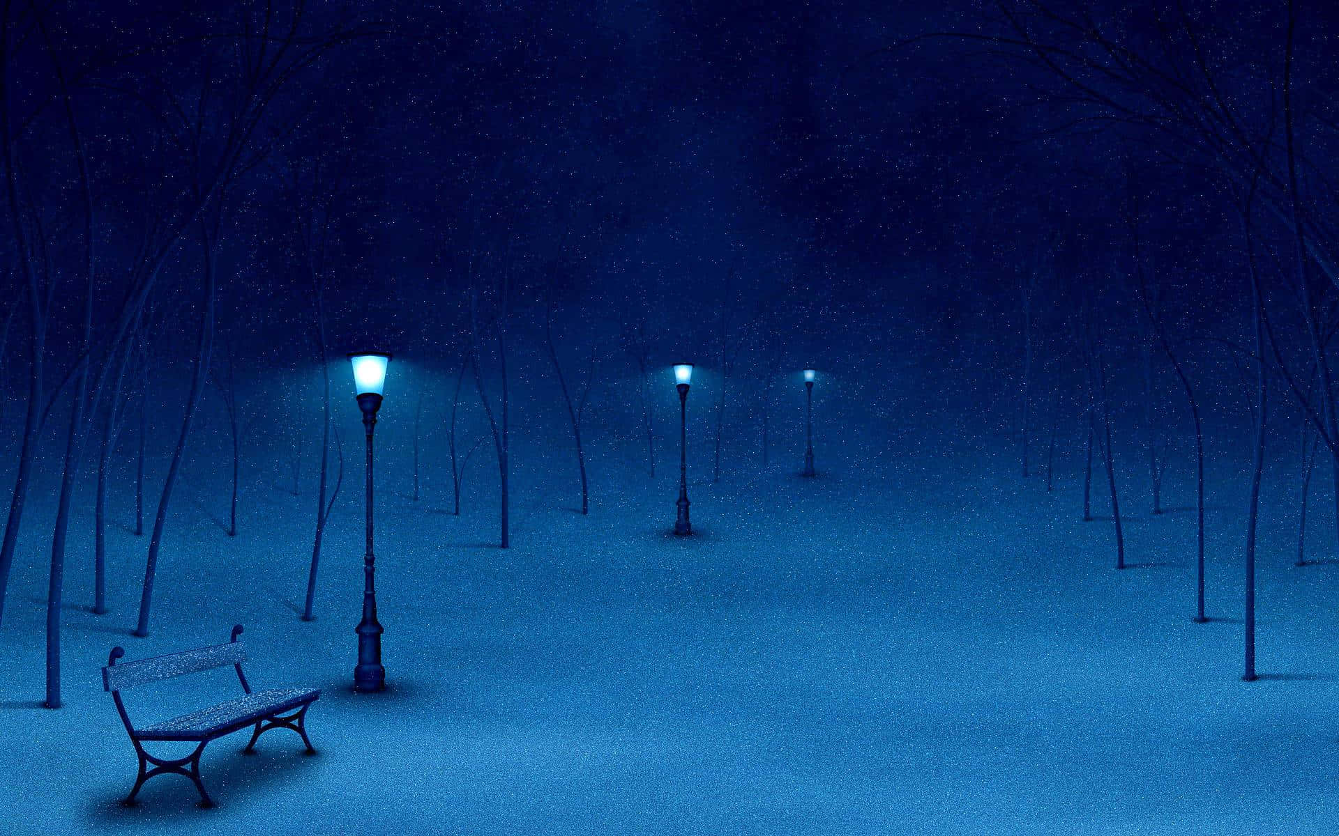 Winter Blues 桌布 壁紙 — 一張孤獨的長椅在夜晚的雪地公園中，位於發光的街燈下，周圍是光禿禿的樹木，上方是星空。