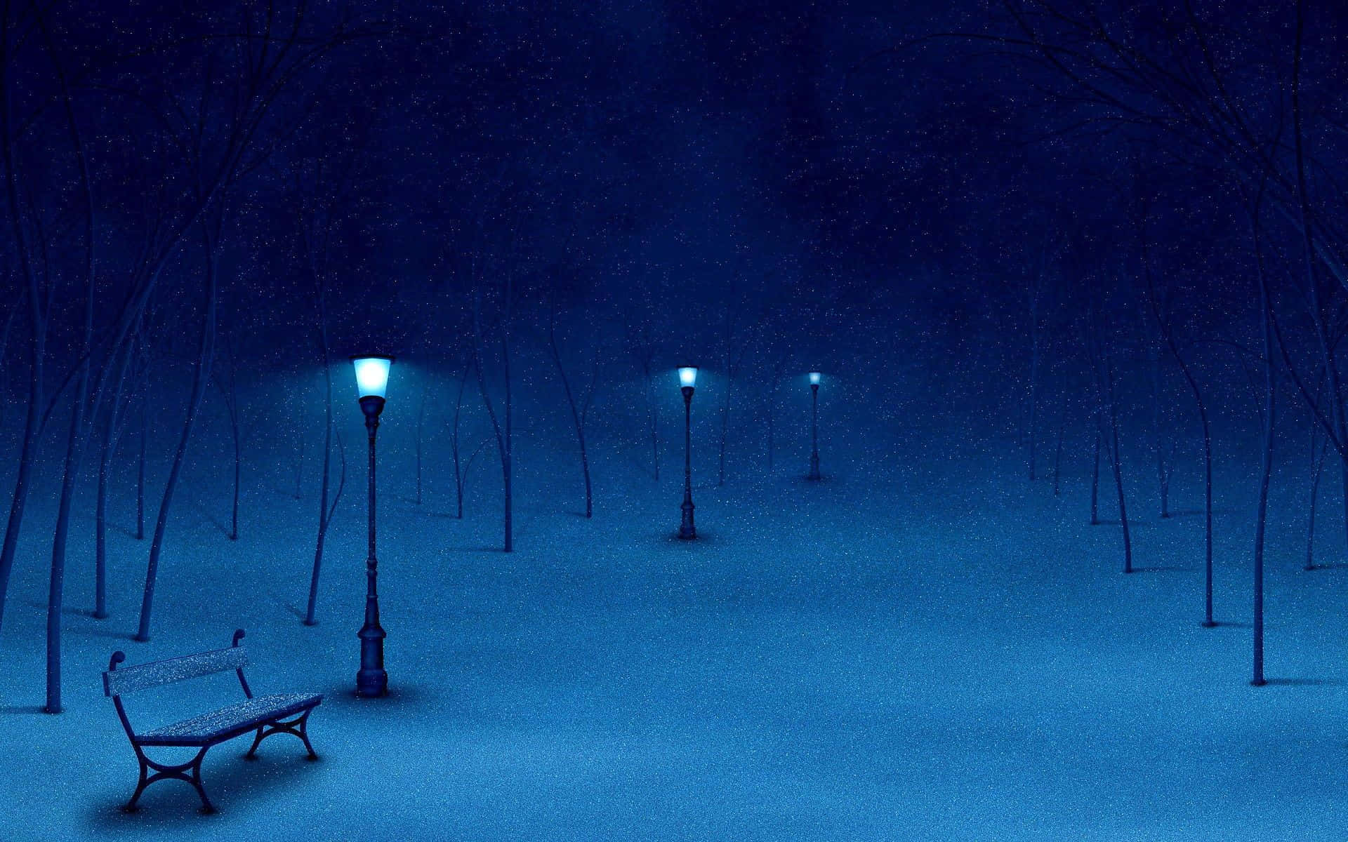 Winter Night Desktop 桌布 壁紙 — 一張孤獨的長椅在夜晚的雪地公園中，坐在發光的街燈下，周圍是光禿禿的樹木，頭頂是星空。