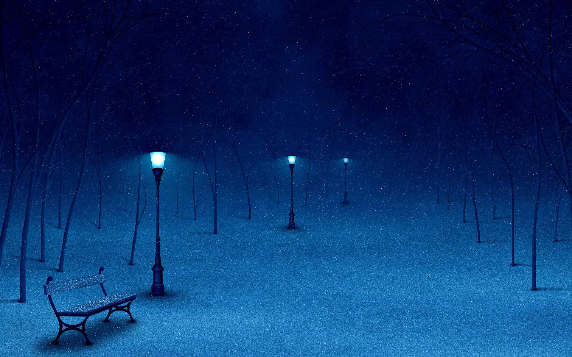 雪 桌布 壁紙 — 一張孤獨的長椅坐在雪地公園夜晚發光街燈下，飄雪和光禿樹木。