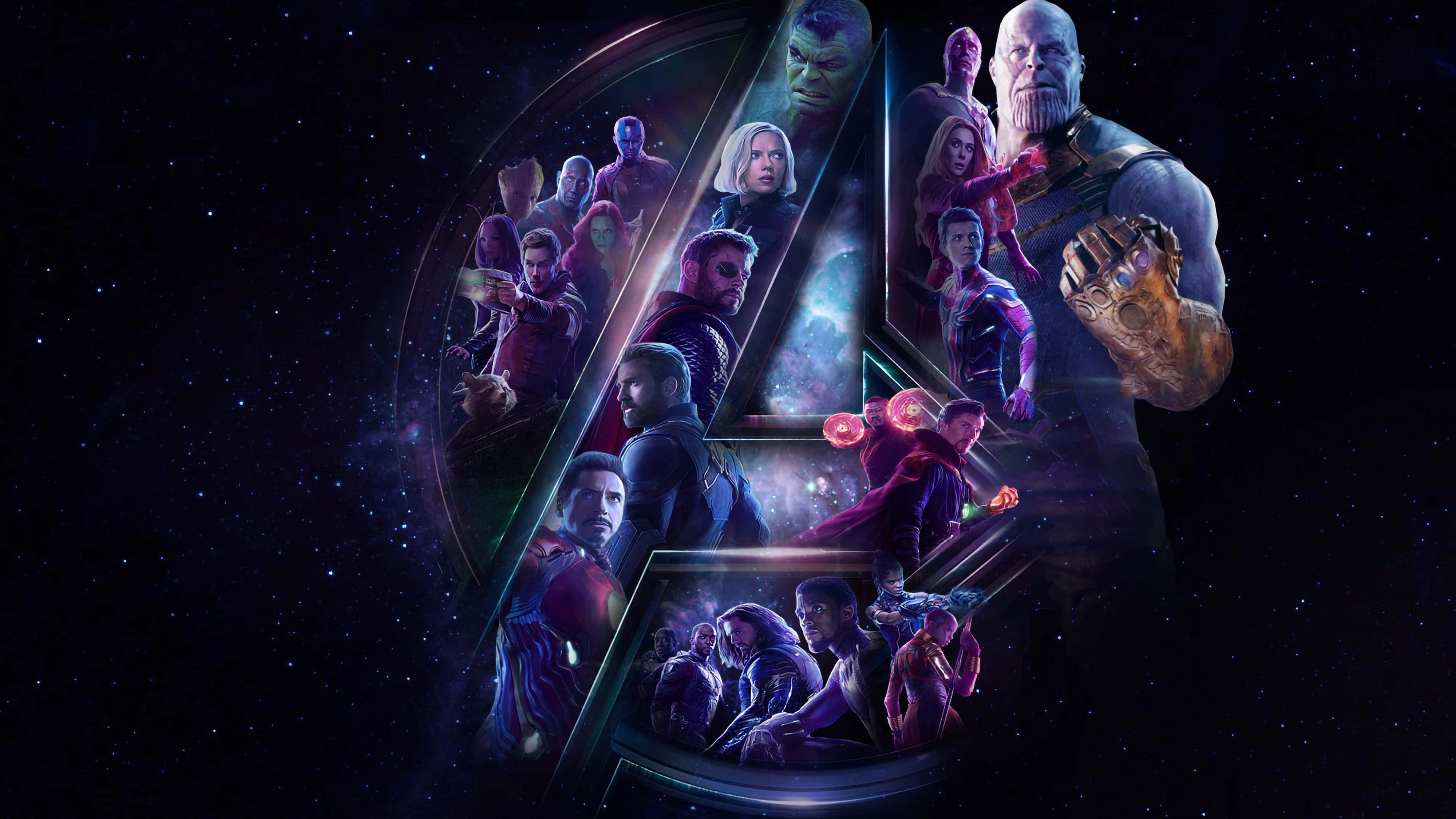 桌布 壁紙 — 一張宇宙復仇者海報， featuring Thanos with Infinity Gauntlet 被英雄和反派包圍，背景是星空太空。
