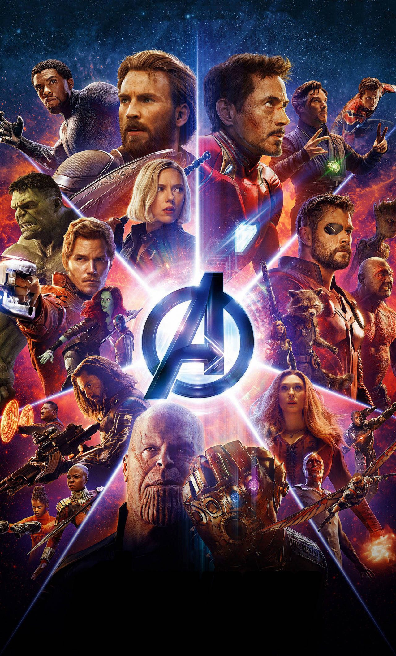 超級英雄 桌布 壁紙 — 一張宇宙戰鬥海報， featuring Avengers 英雄和 Thanos， surrounded by stars and energy beams。