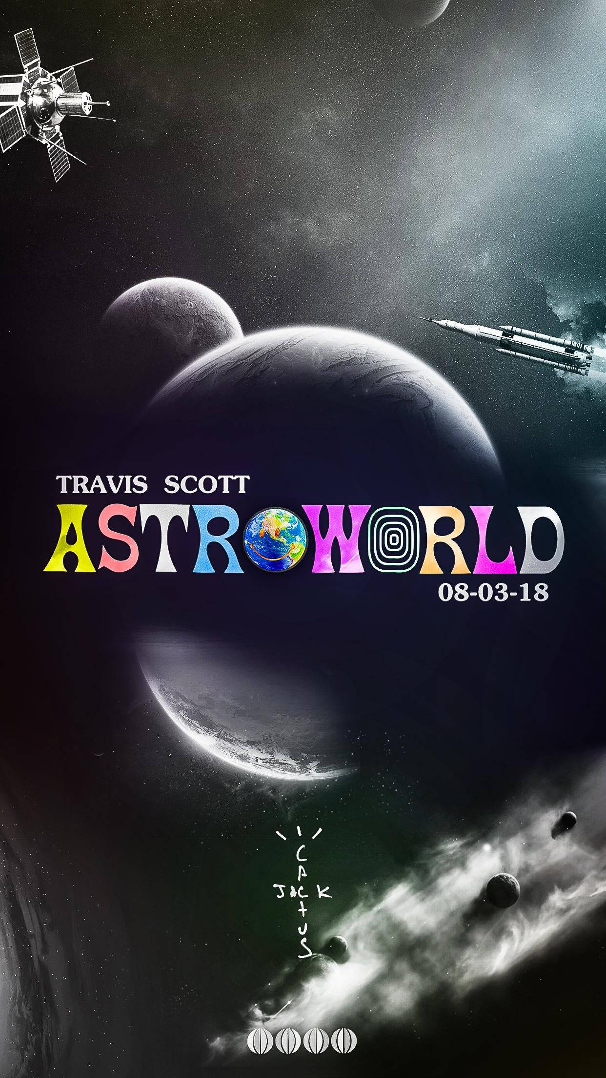 Travis Scott Astroworld 桌布 壁紙 — 一張宇宙海報，在繁星點點的黑色天空中展示行星、火箭和衛星，並帶有色彩繽紛的「ASTROWORLD」文字。
