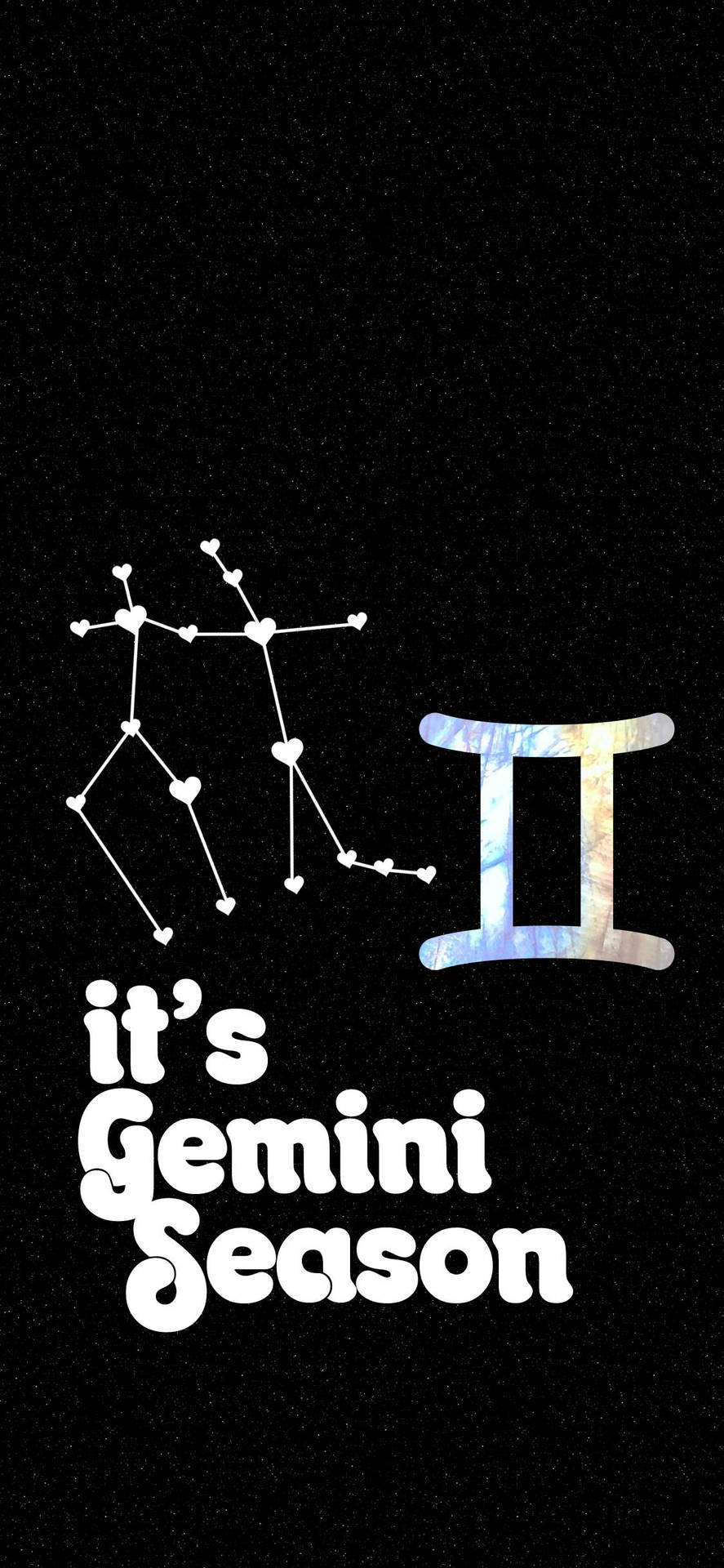 雙子座星座及星座符號，配以星空背景和宣佈雙子座季節的文字。 — 星座 GIF 壁紙