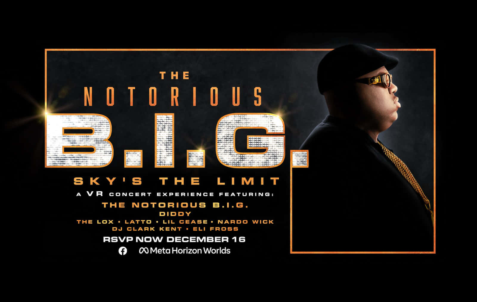 poster 桌布 壁紙 — 一張宣傳VR演唱會的海報， featuring The Notorious B.I.G.，他的肖像和閃爍文字在深色背景上。