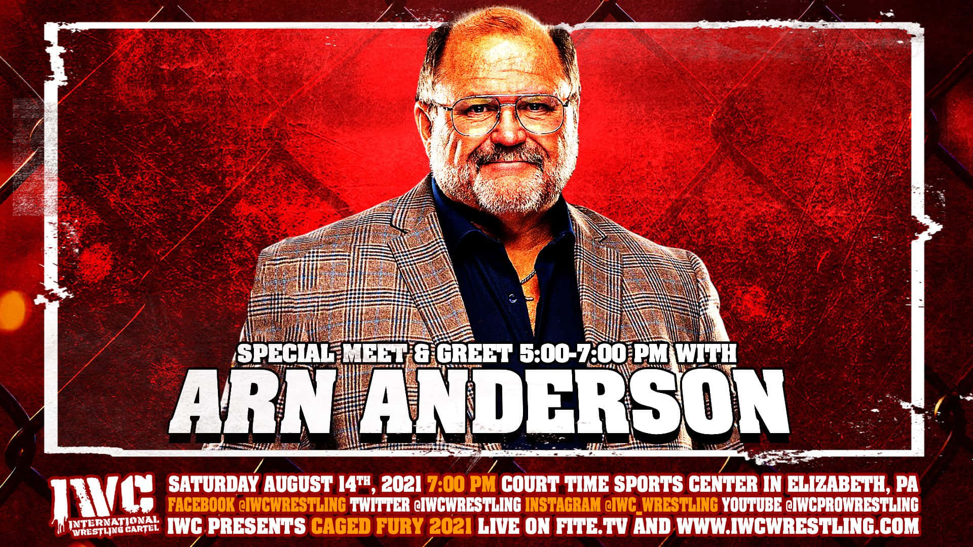 摔角 桌布 壁紙 — 一張宣傳海報，內容為摔角傳奇人物 Arn Anderson 在紋理紅色背景前的特別見面會。