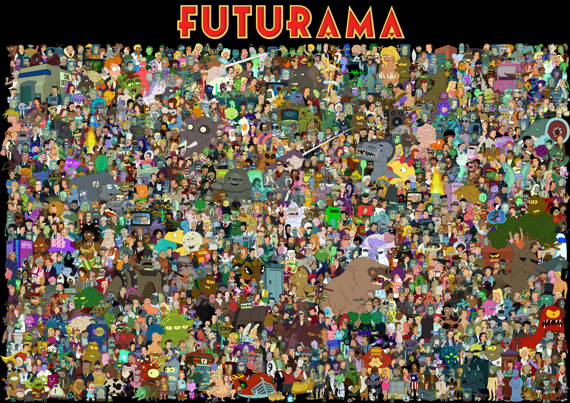 Futurama 桌布 壁紙 — 一張密集的《飛出個未來》角色拼貼畫，緊密排列在節目標題標誌下方。