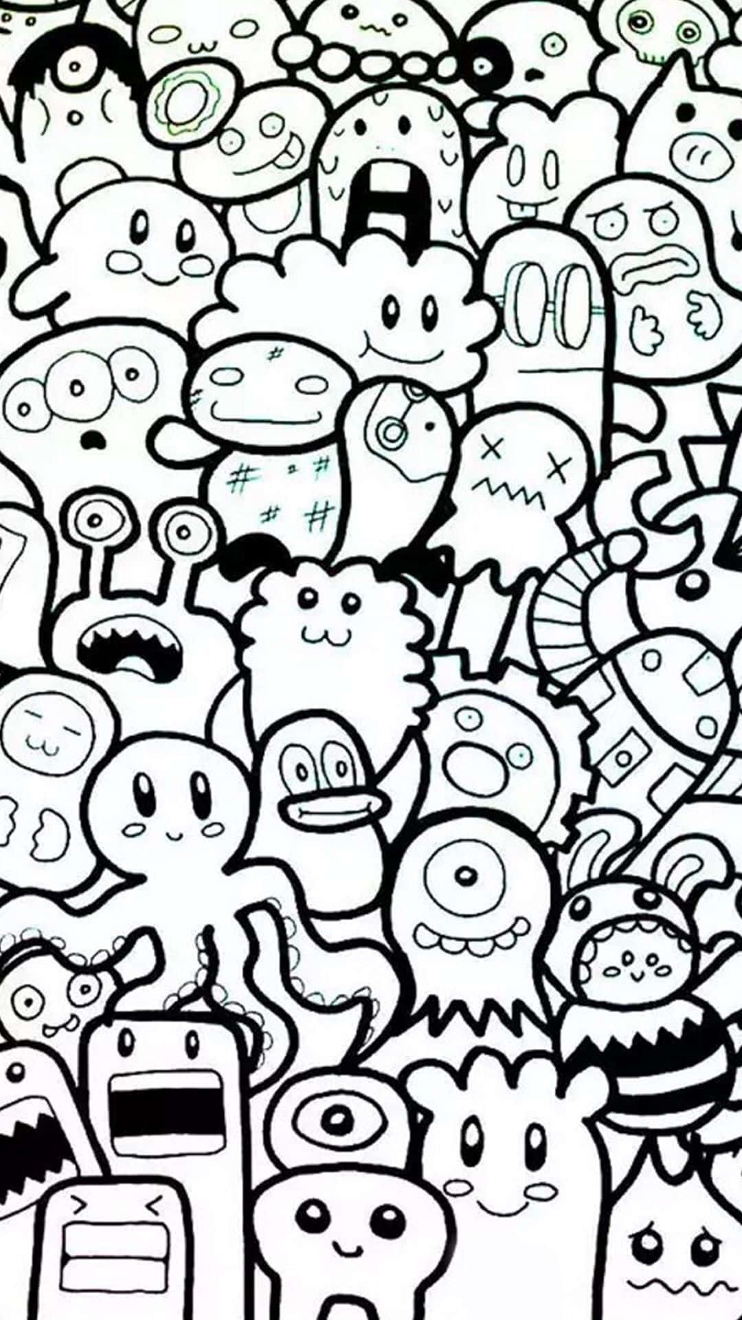 塗鴉動圖 桌布 壁紙 — 一張密集的黑白塗鴉拼貼畫，描繪了各種表情和形狀的奇思妙想卡通怪物。