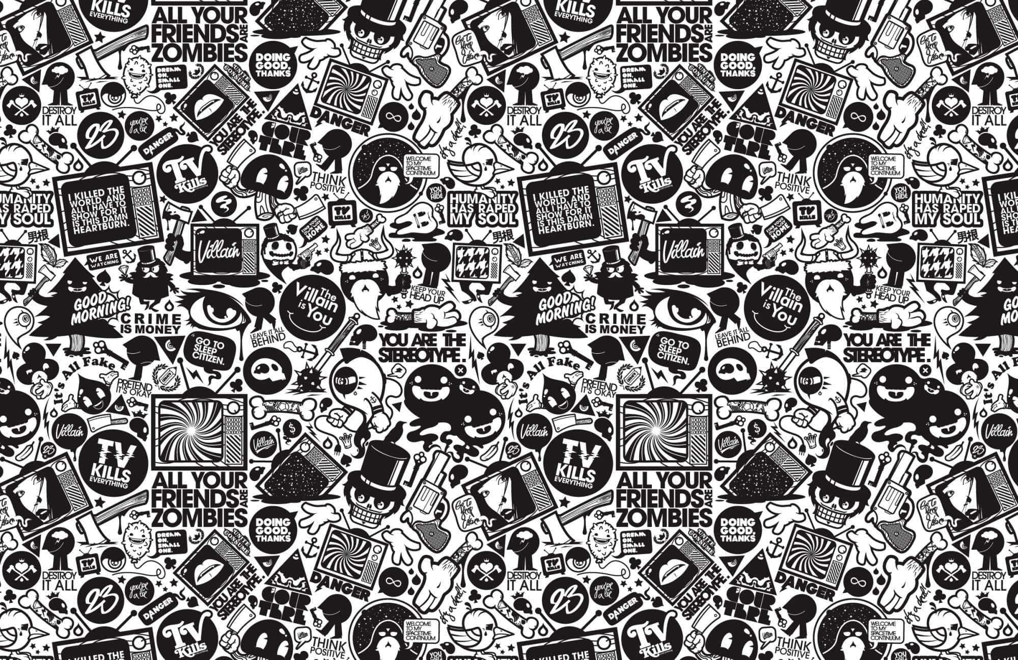 Black And White Graffiti 桌布 壁紙 — 一張密集的黑白壁紙，充滿了混亂的貼紙風格圖案，包括骷髏頭、眼睛和殭屍主題短語。