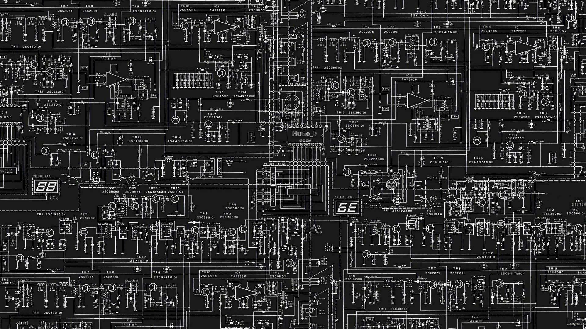 Electronics 桌布 壁紙 — 一張密集的黑白技術原理圖壁紙，充滿了相互連接的電路圖和元件符號。