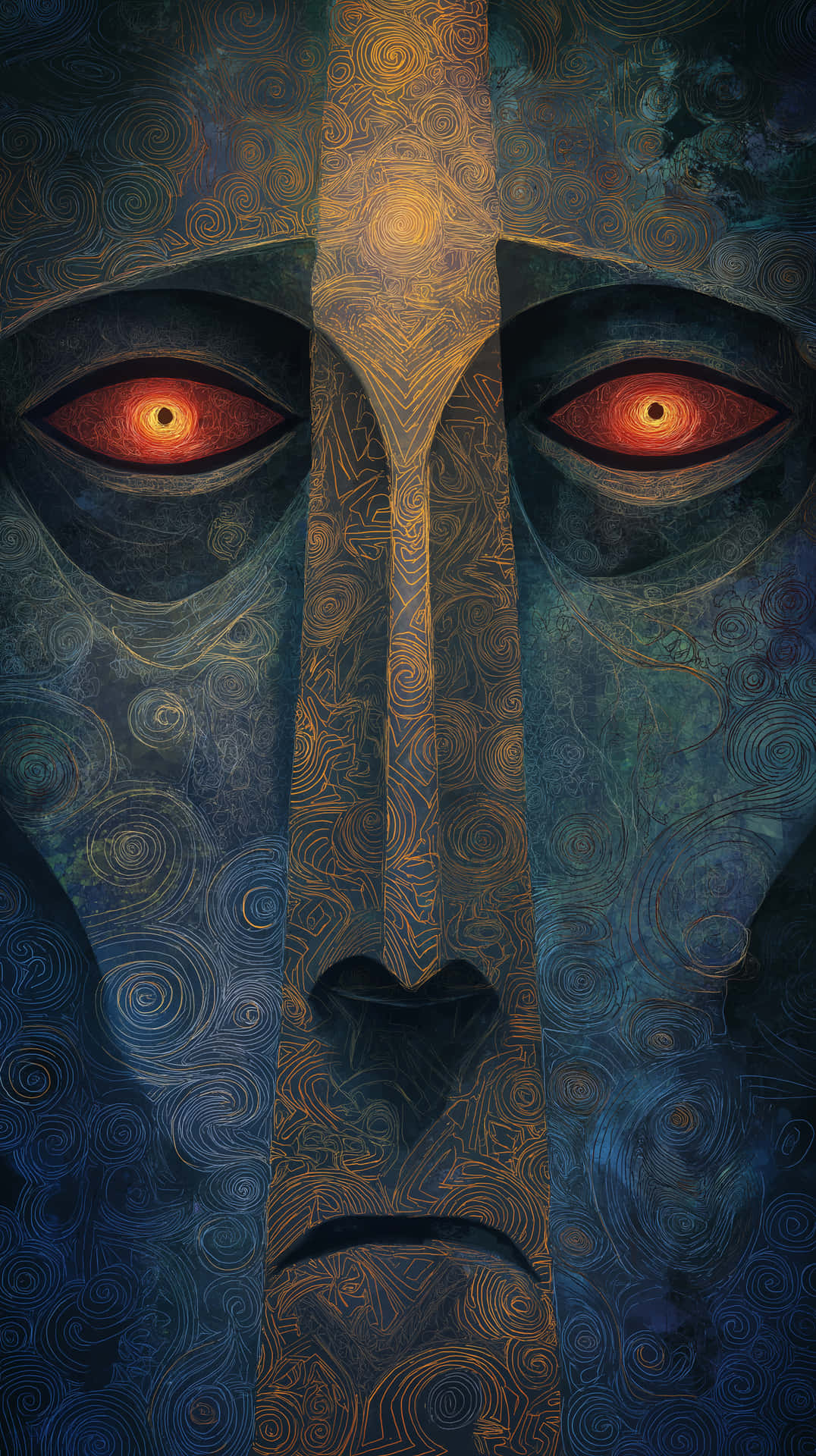 Abstract Face Sculpture with Intricate Patterns and Glowing Eyes 壁紙 — 一張對稱的臉，帶有發光的紅色眼睛和金色漩渦圖案，背景為深藍色紋理。