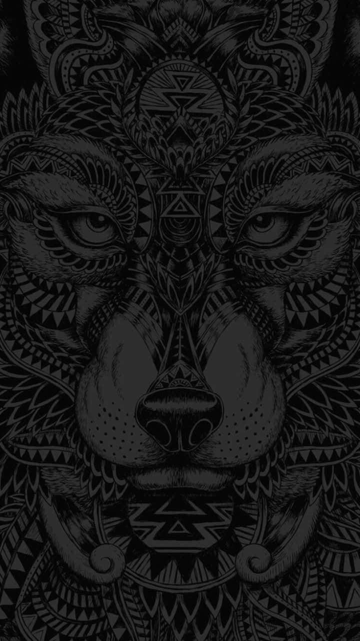 dope iPhone 桌布 壁紙 — 一張對稱的黑白插圖，描繪獅子的臉龐，飾有複雜的部落圖案和幾何設計。