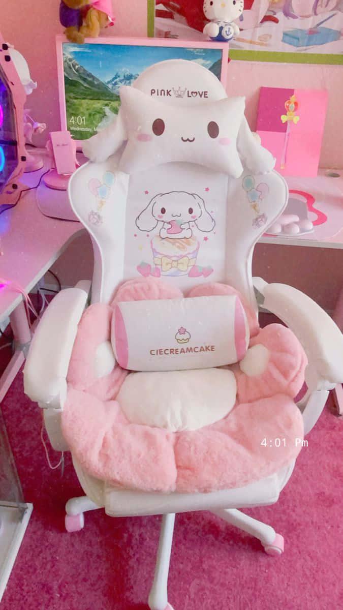 Gaming Chairs 桌布 壁紙 — 一張帶有 Cinnamoroll 設計的毛絨粉白色電競椅，放置在充滿可愛裝飾的鮮豔粉紅色房間中。