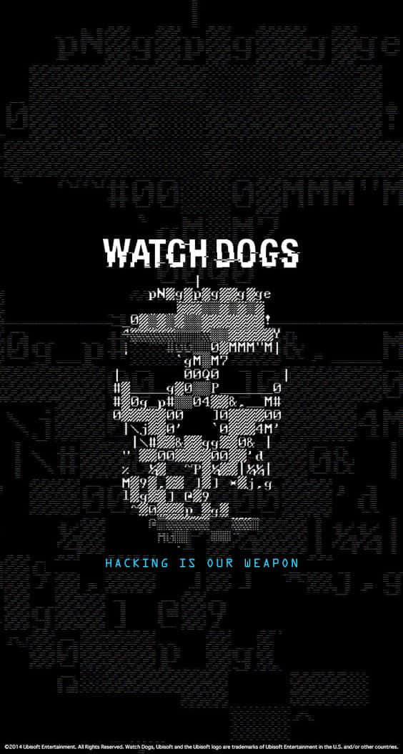 電玩遊戲 桌布 壁紙 — 一張帶有像素化骷髏頭和駭客文字的 Watch Dogs 故障數位海報，背景為黑色。