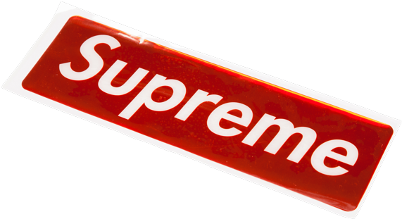 supreme 桌布 壁紙 — 一張帶有光澤的紅色Supreme標誌貼紙，白色粗體文字傾斜在純黑背景上。