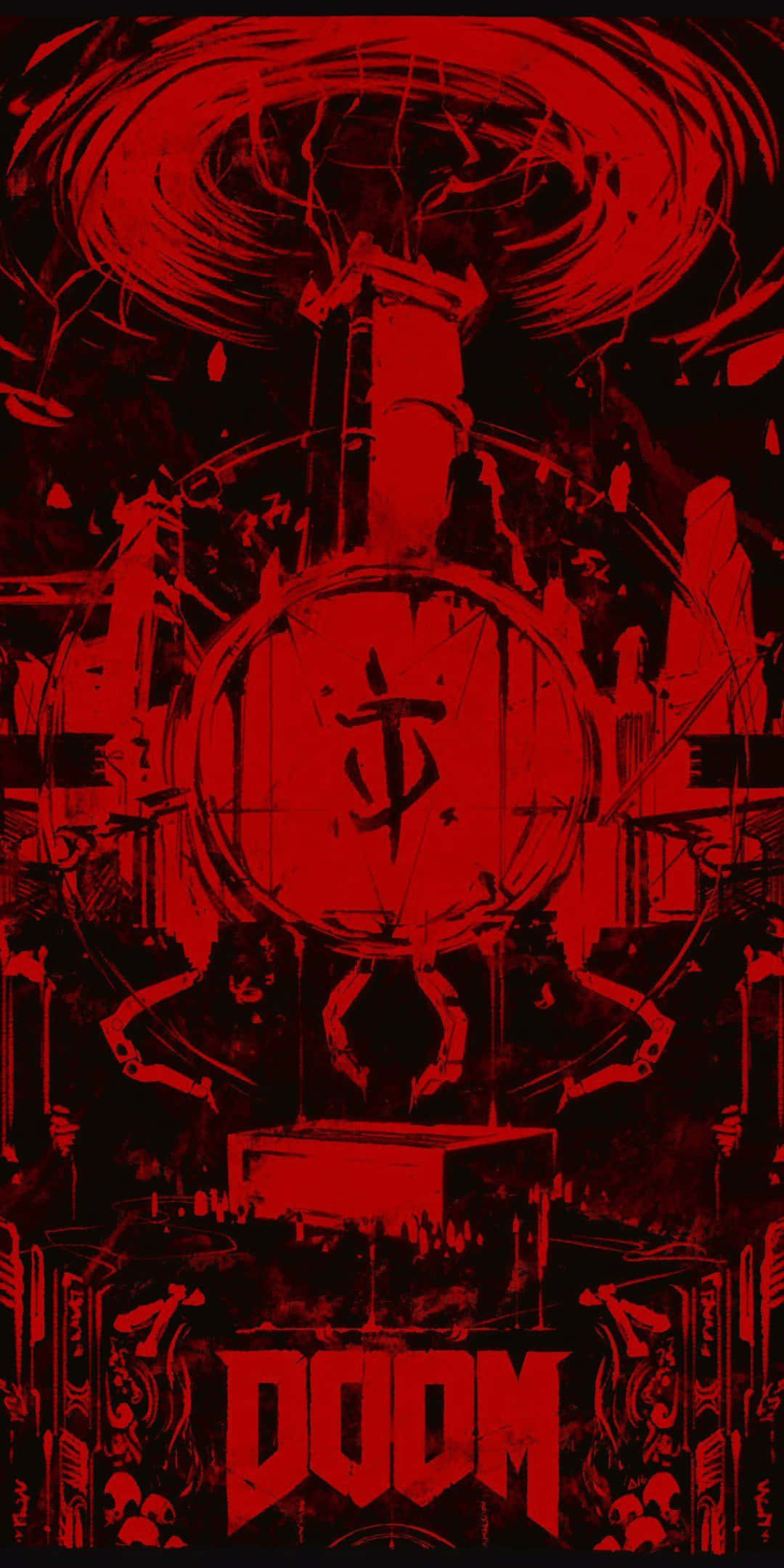 Pixel 3 Doom 桌布 壁紙 — 一張帶有威脅性的紅黑Doom主題海報，展示一個惡魔形象、旋轉的地獄能量，底部有DOOM字樣。