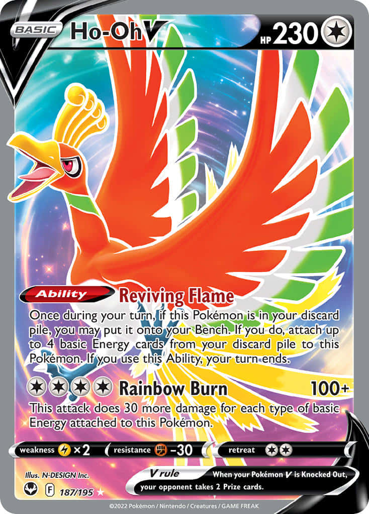 寶可夢 桌布 壁紙 — 一張帶有彩虹翅膀的火熱 Ho-Oh V 寶可夢卡牌，在宇宙星空背景中翱翔。