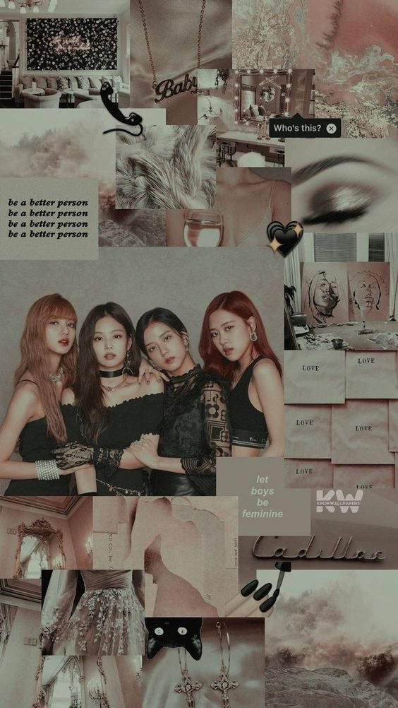 BLACKPINK 桌布 壁紙 — 一張帶有憂鬱粉紅色調的拼貼畫， featuring K-pop 女團成員、時尚單品和文字疊加，呈現復古美學。