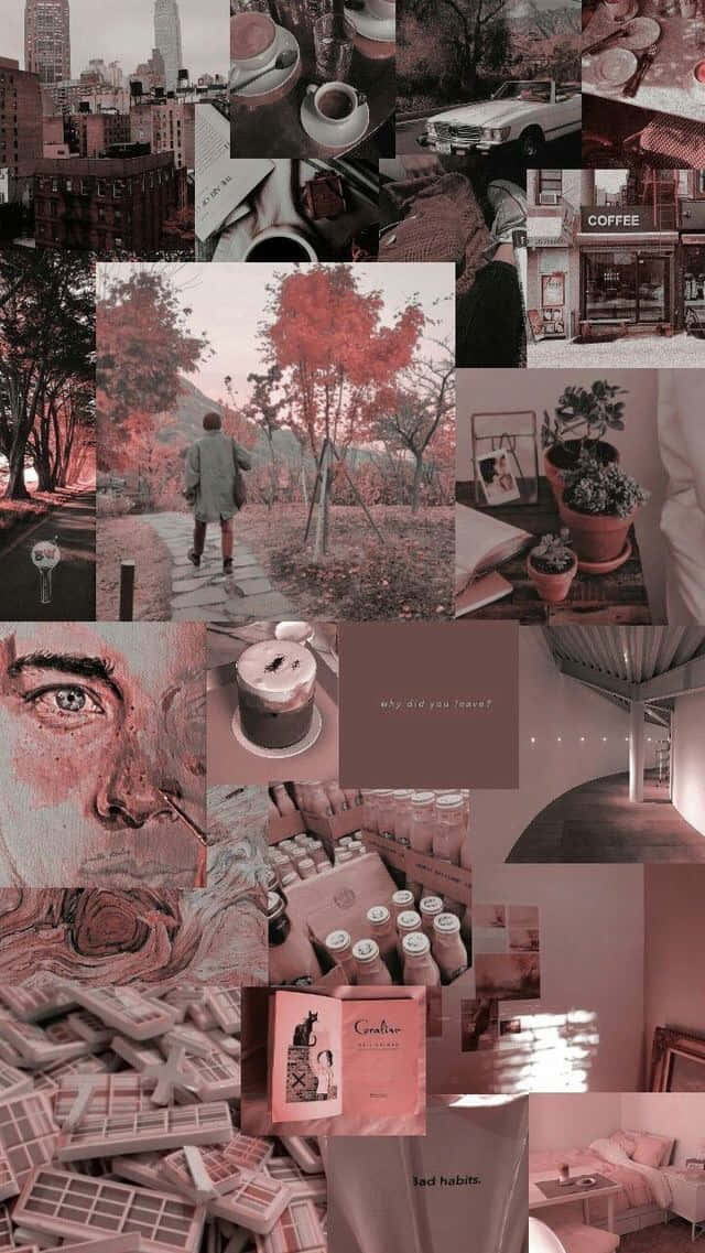 Vintage Collage 桌布 壁紙 — 一張帶有憂鬱粉紅色調的拼貼畫，包含城市場景、咖啡時光與個人物品，營造懷舊與內省的氛圍。