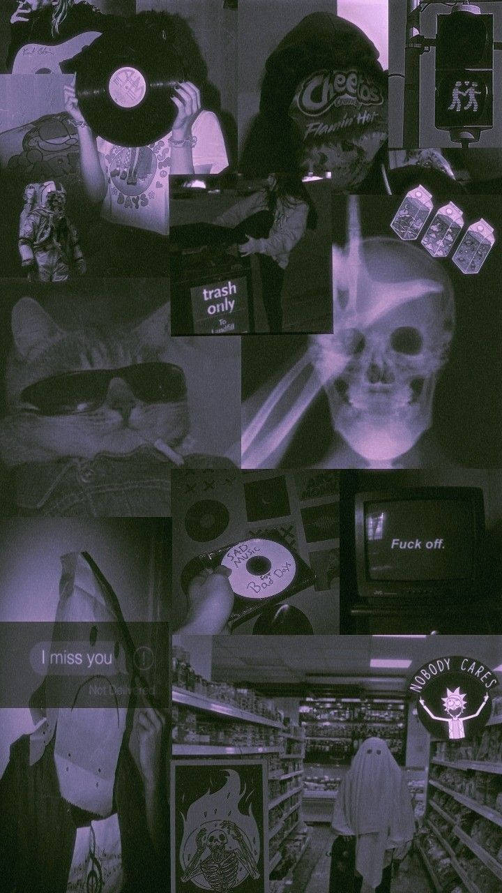 Grunge Emo Aesthetic 桌布 壁紙 — 一張帶有憂鬱紫色調的拼貼畫，包含復古流行文化圖標，如頭骨X光片、戴太陽眼鏡的貓和雜貨店裡的鬼魂。