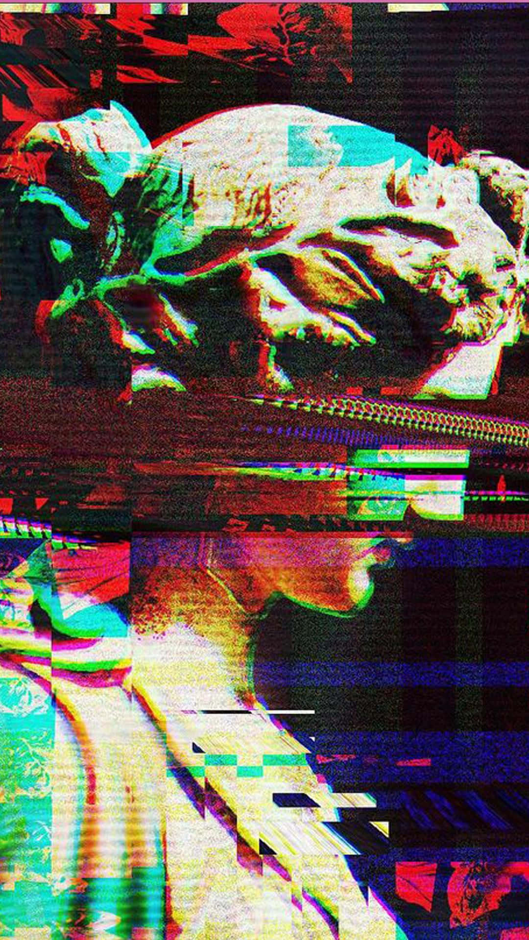 Glitch Effect 桌布 壁紙 — 一張帶有扭曲色彩和像素化偽影的故障數位人像，營造出賽博龐克美學。