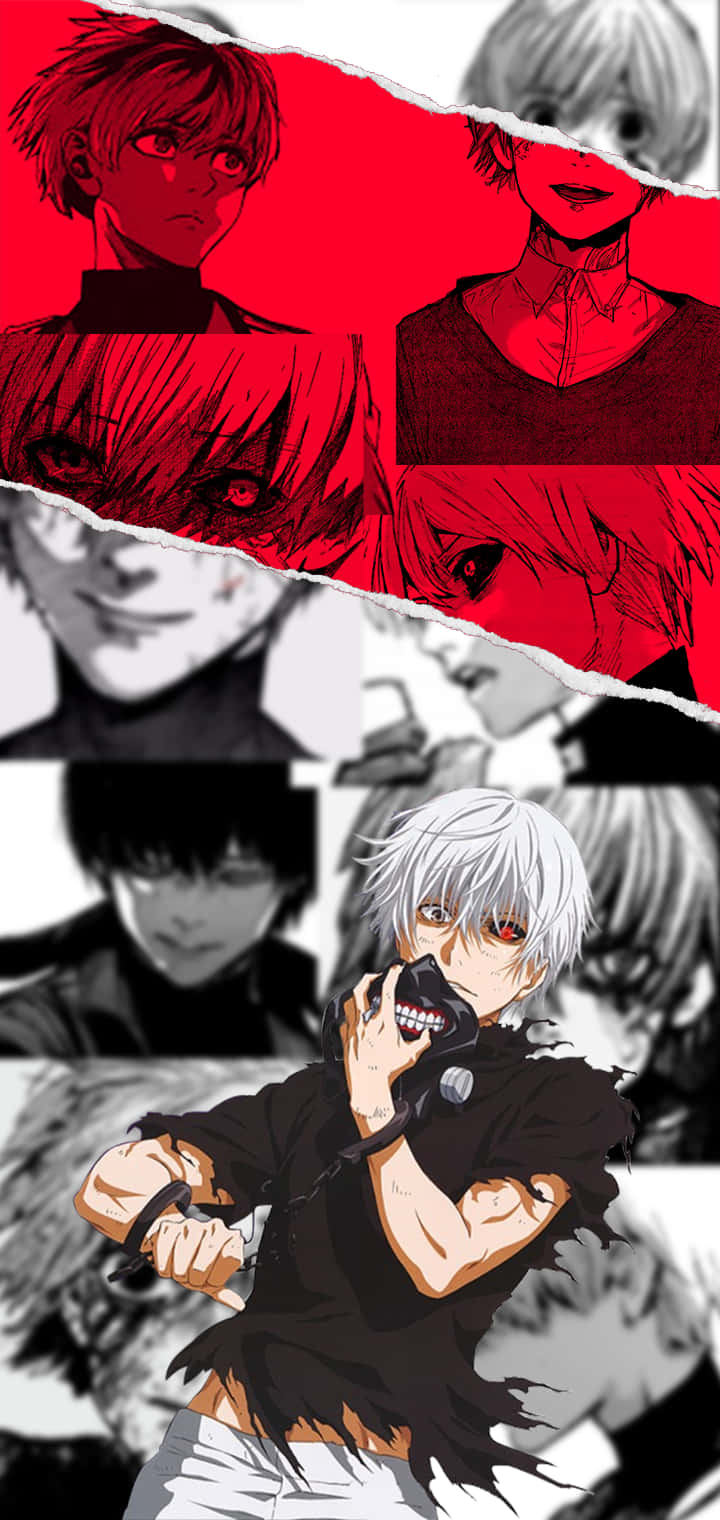 Kaneki Phone 桌布 壁紙 — 一張帶有撕裂紙張效果和強烈紅黑色彩塊的動漫角色拼貼畫。