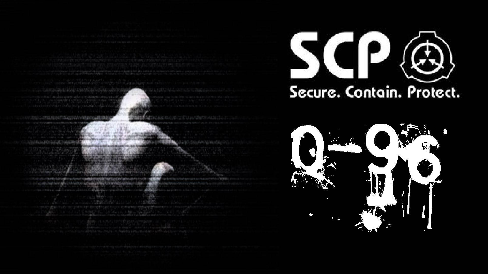 SCP 桌布 壁紙 — 一張帶有故障效果的黑白圖像，以恐怖科幻風格顯示一個帶有SCP標誌和Q-96文字的人形人物。