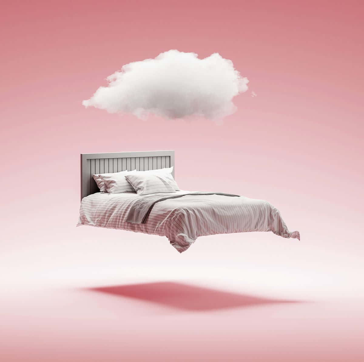 Dreaming 桌布 壁紙 — 一張帶有條紋床單的漂浮床，懸浮在柔軟粉紅漸變天空下的蓬鬆雲朵下方。