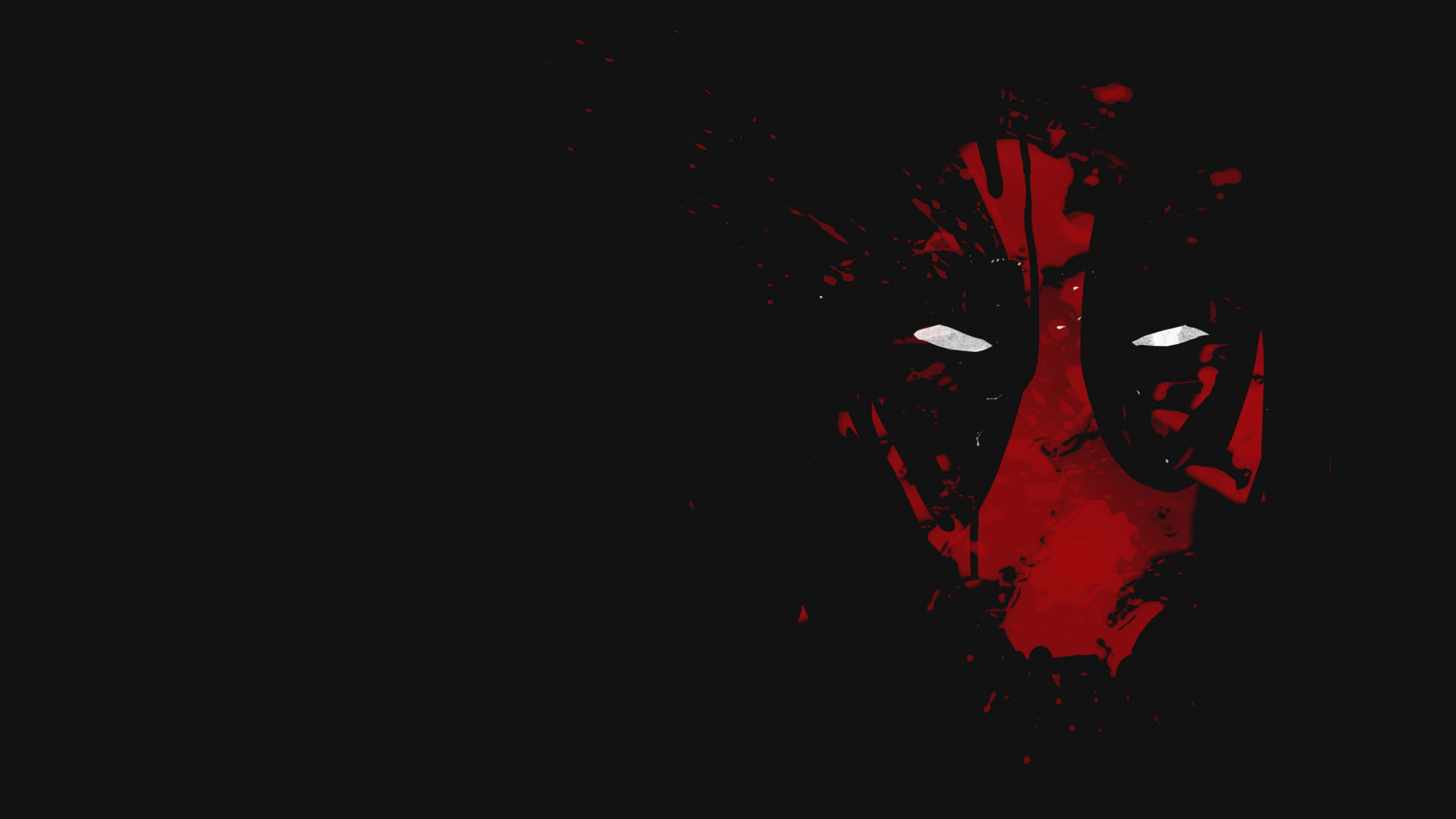Deadpool Logo 桌布 壁紙 — 一張帶有發光白色眼睛和紅色飛濺的威脅面孔從黑暗中浮現。