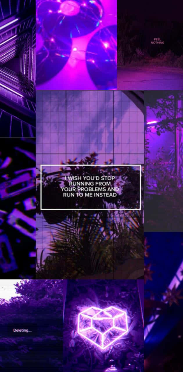 Aesthetic Purple 桌布 壁紙 — 一張帶有紫色色調的都市夜景拼貼畫，包含發光霓虹元素和文字疊加。