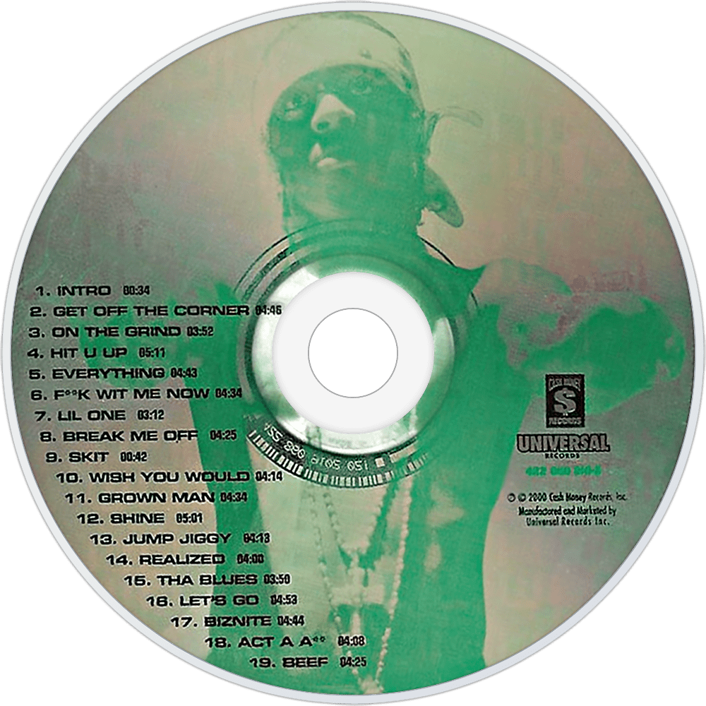 小韋恩 桌布 壁紙 — 一張帶有綠色調的CD，表面印有褪色的饒舌歌手肖像和曲目列表。