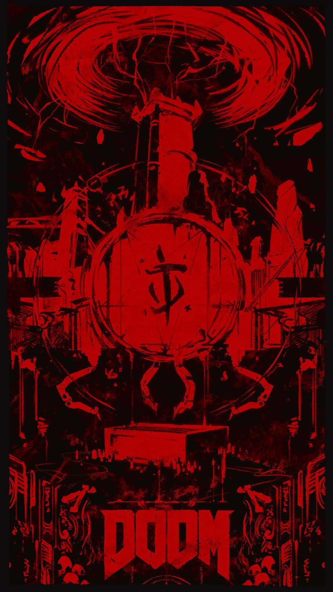 Pixel 3xl Doom 桌布 壁紙 — 一張帶有美元符號的惡魔形象、被混亂工業元素包圍的DOOM紅色和黑色威脅性海報。