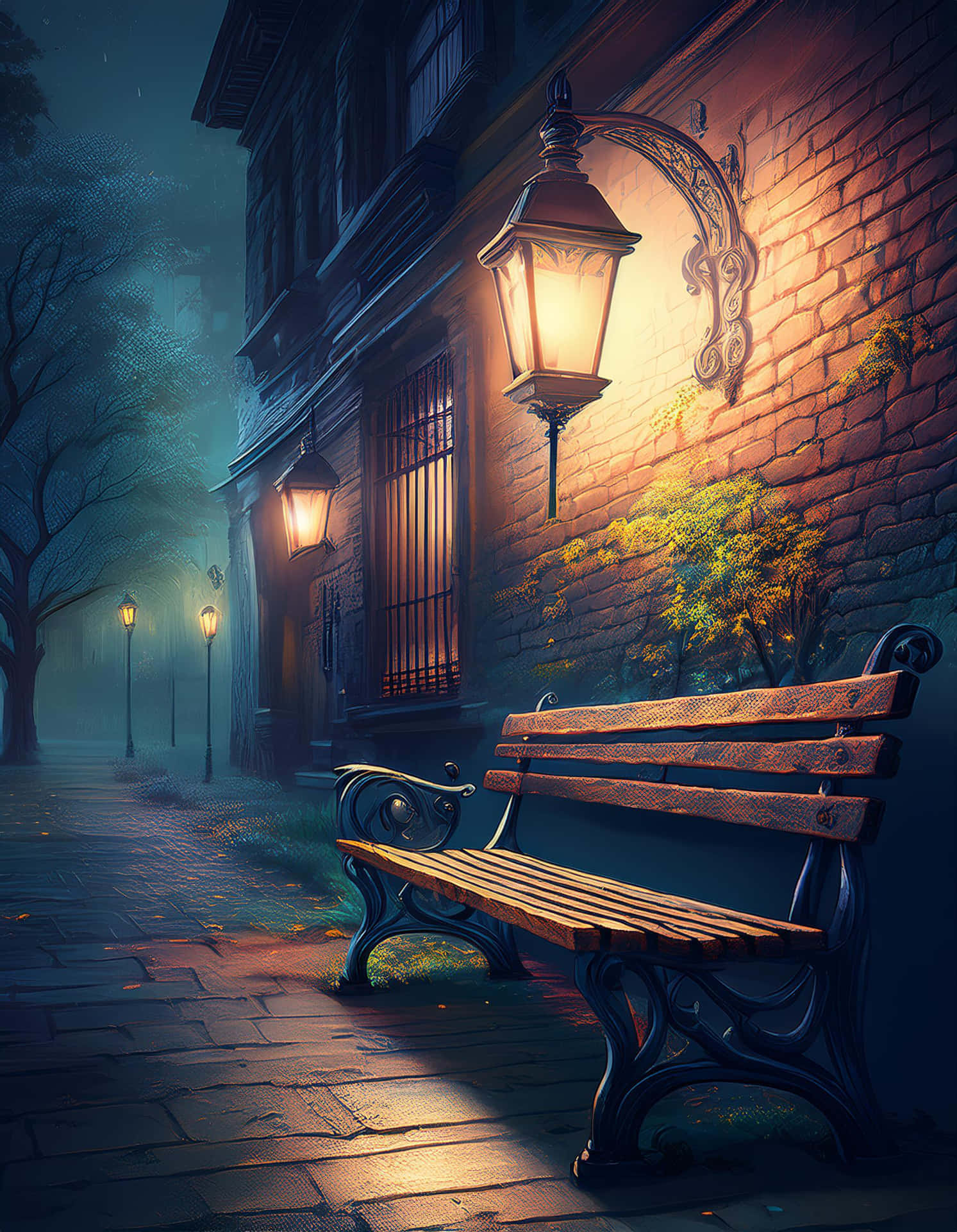 A Quiet Bench Under the Street Lights at Night 壁紙 — 一張帶有華麗黑色鐵腳的木凳，在夜晚霧氣瀰漫的鵝卵石街道上，位於發光的燈籠下方。