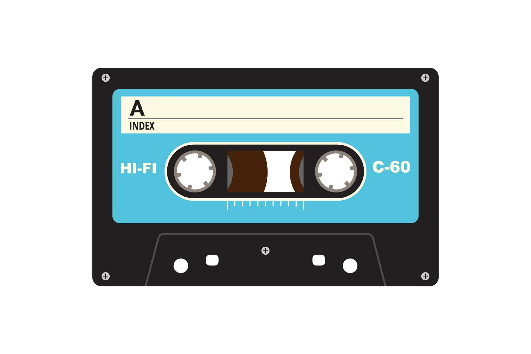 Mixtape 桌布 壁紙 — 一張帶有藍色標籤和黑色外殼的復古音頻卡式磁帶的平面向量插圖。