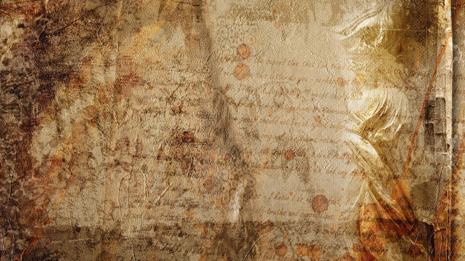 Old Paper Texture 桌布 壁紙 — 一張帶有褪色草書字體和鏽跡的舊羊皮紙，覆蓋在紋理風化的表面上。