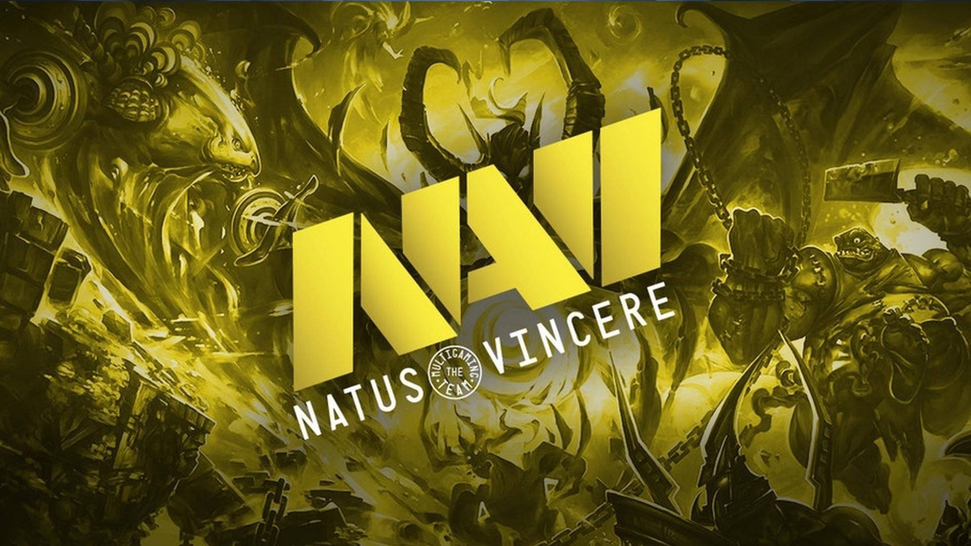 Natus Vincere 桌布 壁紙 — 一張帶有黃色調的兇猛遊戲桌布，特色是怪獸戰士和醒目的 Natus Vincere 標誌。