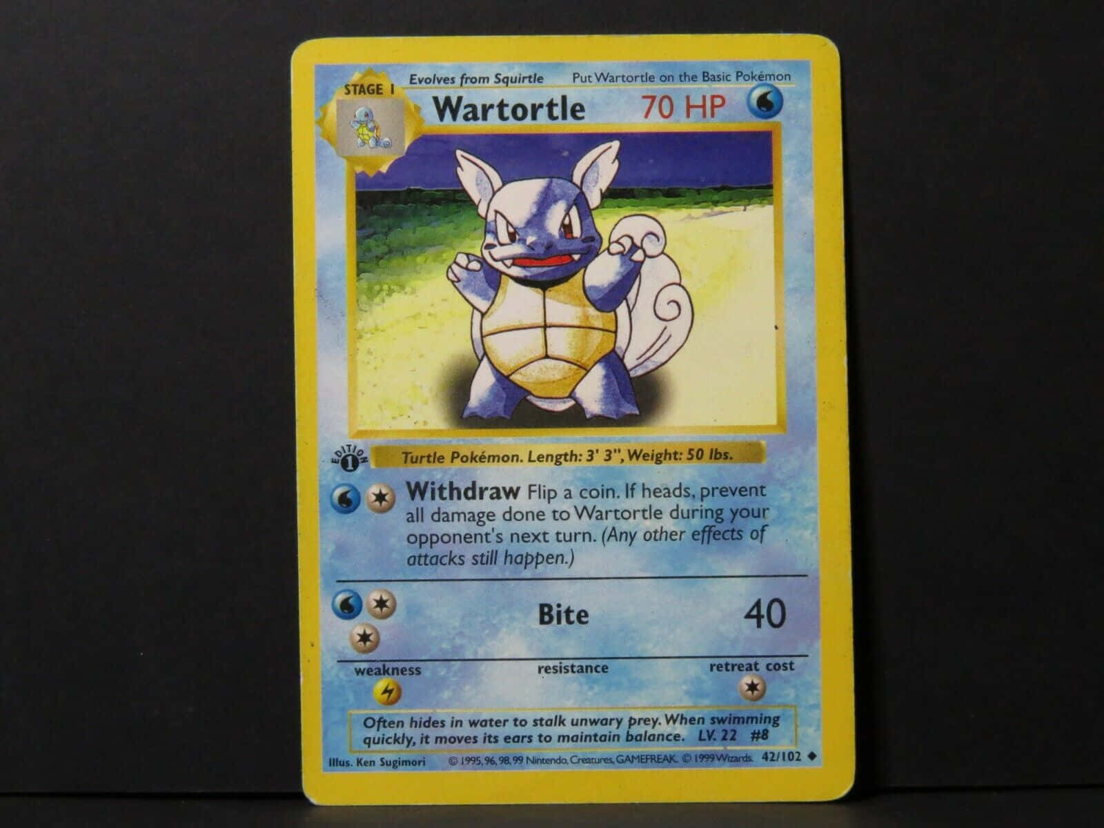 wartortle 桌布 壁紙 — 一張帶有黃色邊框和藍色藝術品的復古Wartortle寶可夢卡牌，矗立在深色背景前。