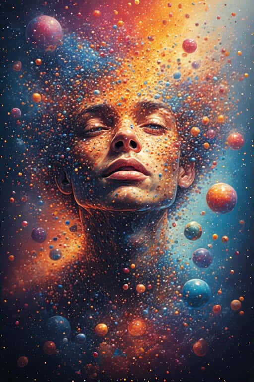 Vibrant Inspiring Digital Art Idea Sparking 8K 壁紙 — 一張平靜的人臉從宇宙漩渦中浮現，周圍是發光的行星和恆星，背景是深藍色和火橙色的星雲。