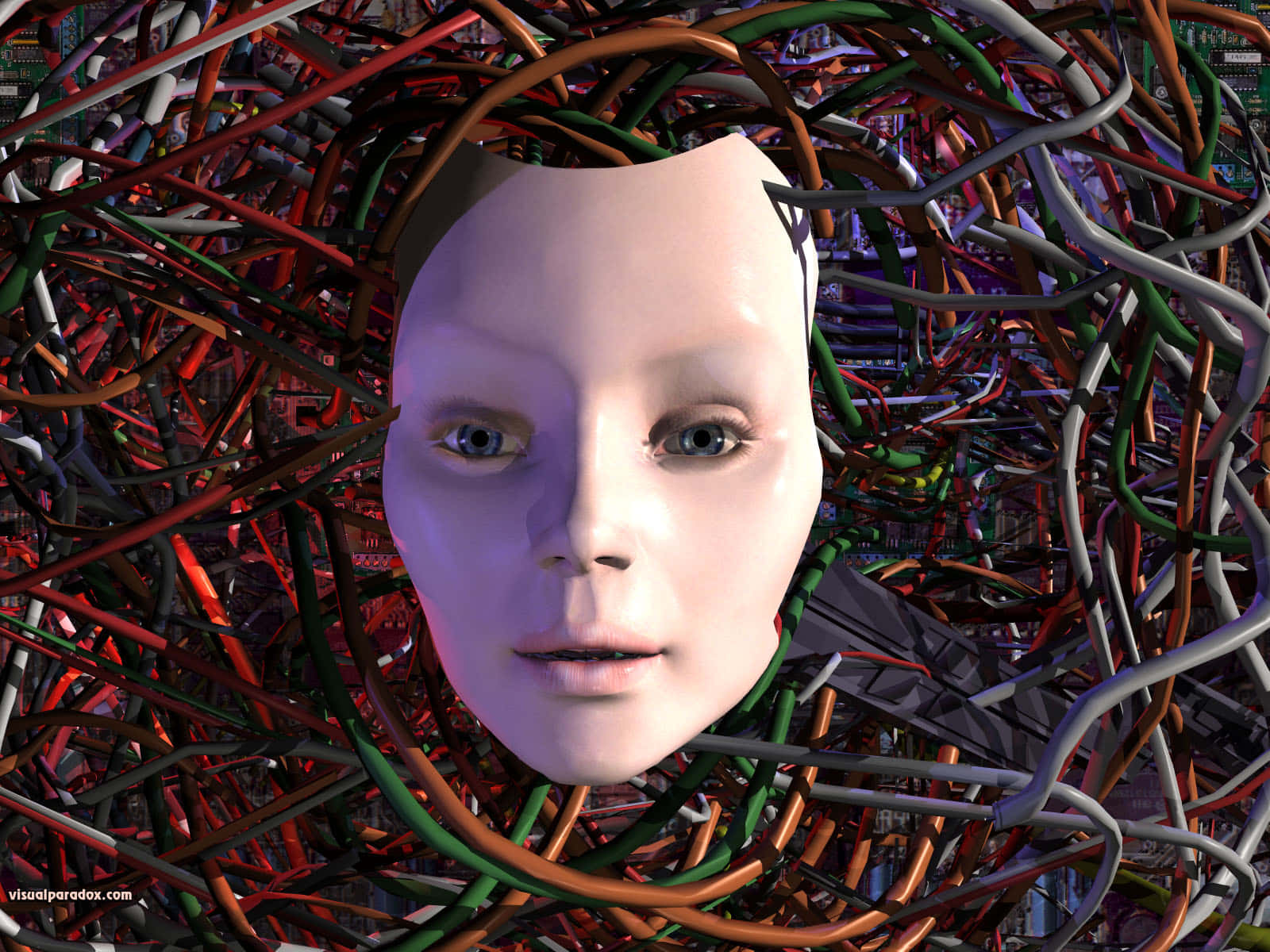 AI 桌布 壁紙 — 一張平靜的人臉從色彩繽紛的電線和電路板纏繞中浮現的數位藝術作品。