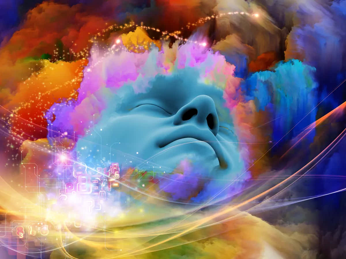 Dreaming 桌布 壁紙 — 一張平靜的藍色面孔從充滿霓虹色彩和發光電路線條的鮮豔宇宙漩渦中浮現。