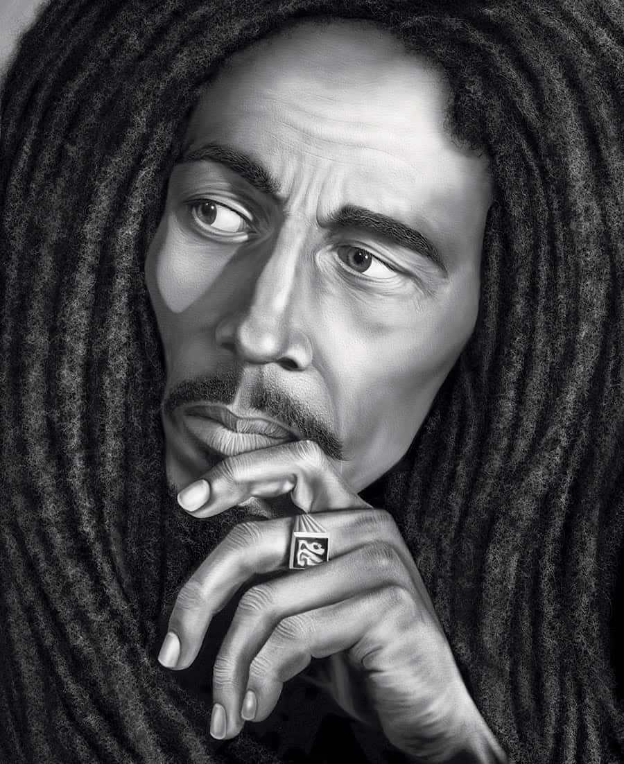 Bob Marley 桌布 壁紙 — 一張引人注目的 Bob Marley 黑白肖像，手托下巴，被其標誌性的辮子環繞。