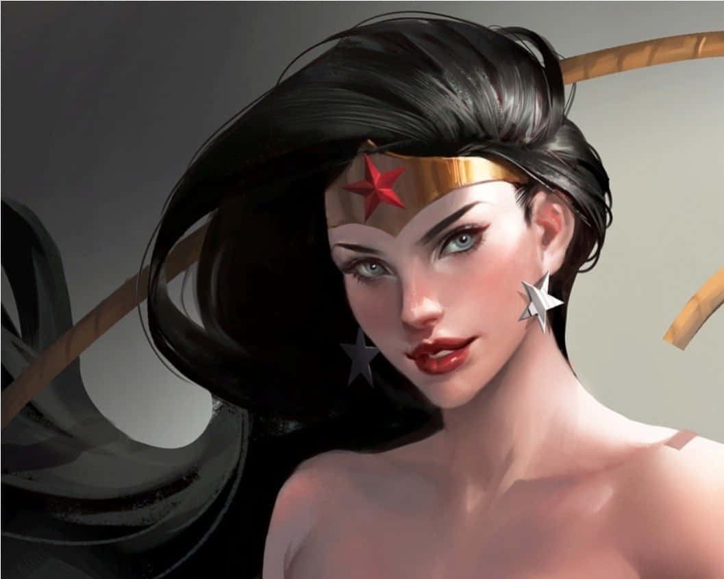 Wonder Woman 桌布 壁紙 — 一張引人注目的神力女超人數位肖像，擁有飄逸的黑髮、金色套索，以及飾有星星的頭帶和耳環。