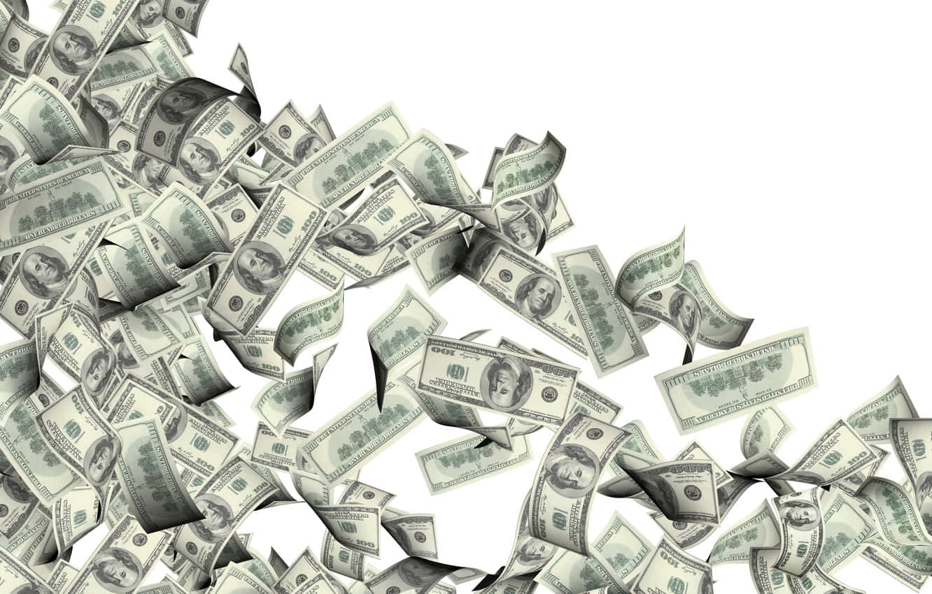 Falling Money 桌布 壁紙 — 一張張美國一百美元鈔票在純白背景上動態地如瀑布般落下。