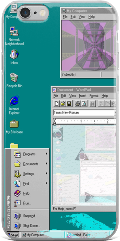 Phone Case 桌布 壁紙 — 一張復古 Windows 95 桌面背景，在青綠色背景上顯示經典圖示和開啟的程式，如 WordPad 和我的電腦。