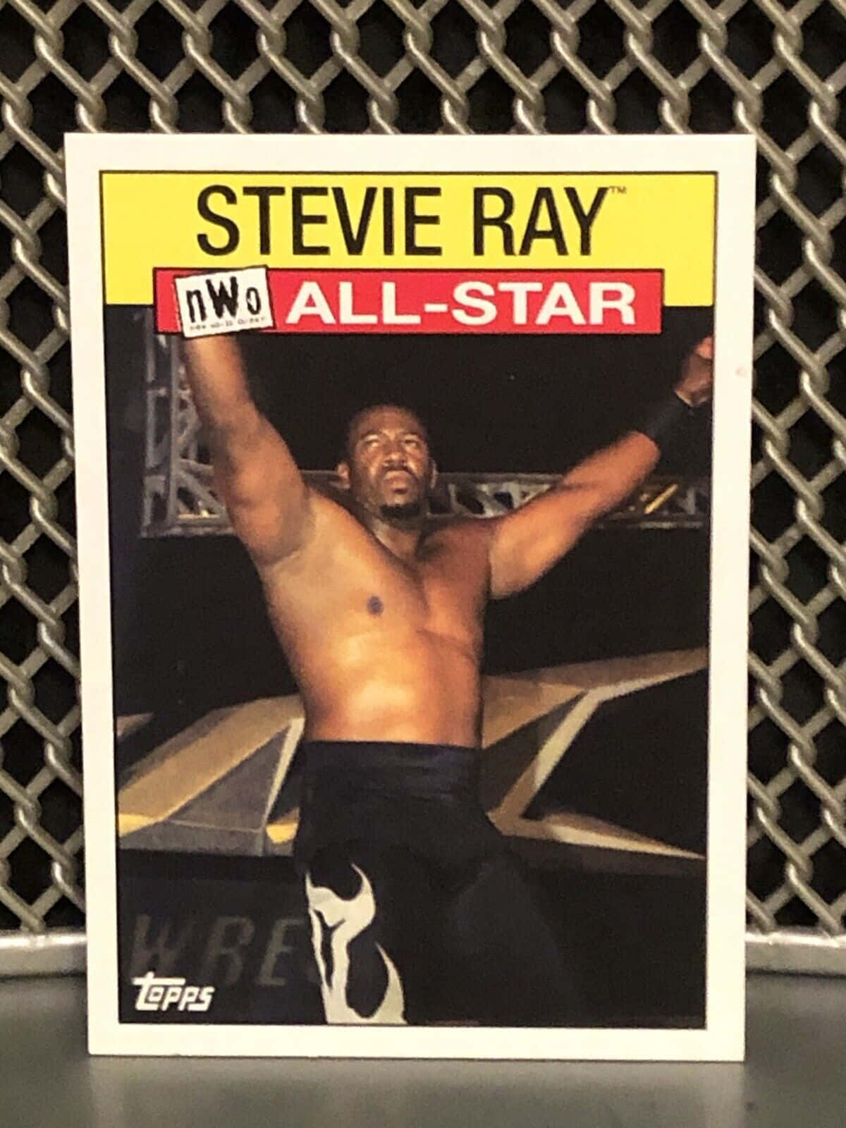 90s Aesthetic 桌布 壁紙 — 一張復古Topps摔角卡，Stevie Ray以NWO全明星姿勢，背景為鐵鏈圍欄。