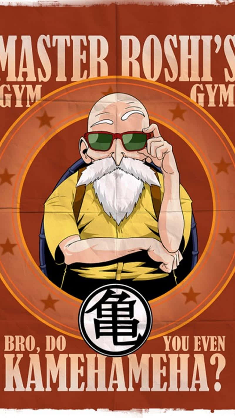 Turtle Hermit 桌布 壁紙 — 一張復古動畫海報，龜仙人戴著太陽眼鏡、穿著黃色道服，在健身房自信地擺姿勢，帶有烏龜標誌和粗體文字。
