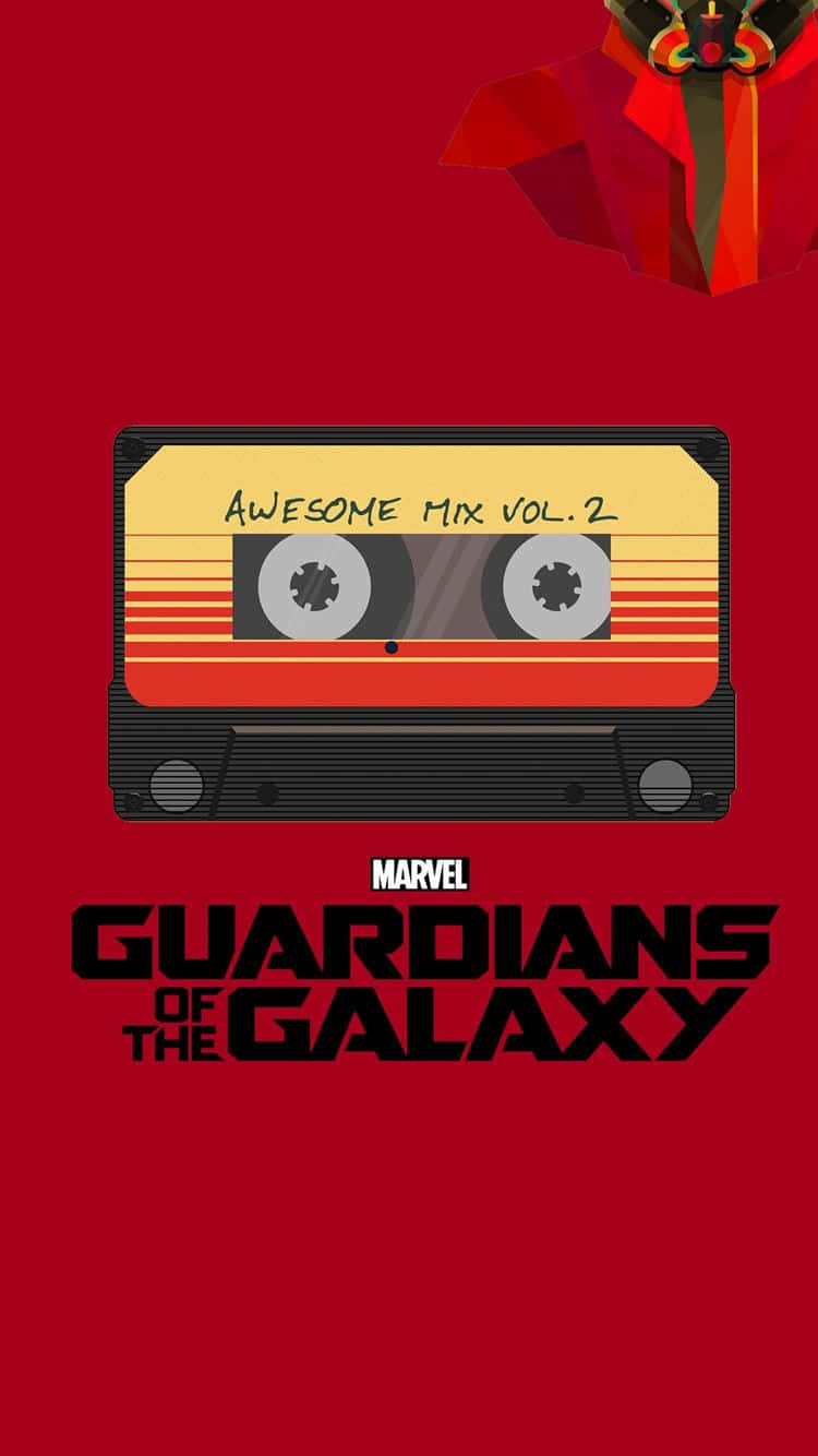 Guardians Of The Galaxy 2 桌布 壁紙 — 一張復古卡式錄音帶，標有Awesome Mix Vol 2，居中於大膽的紅色背景上，上方有一個風格化的角色，下方有Marvel Guardians of the Galaxy文字。