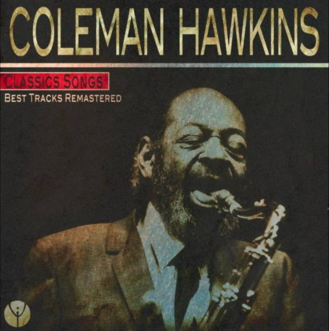 band 桌布 壁紙 — 一張復古專輯封面，Coleman Hawkins 微笑著吹奏薩克斯風，帶有溫暖的棕褐色調和顆粒質感。
