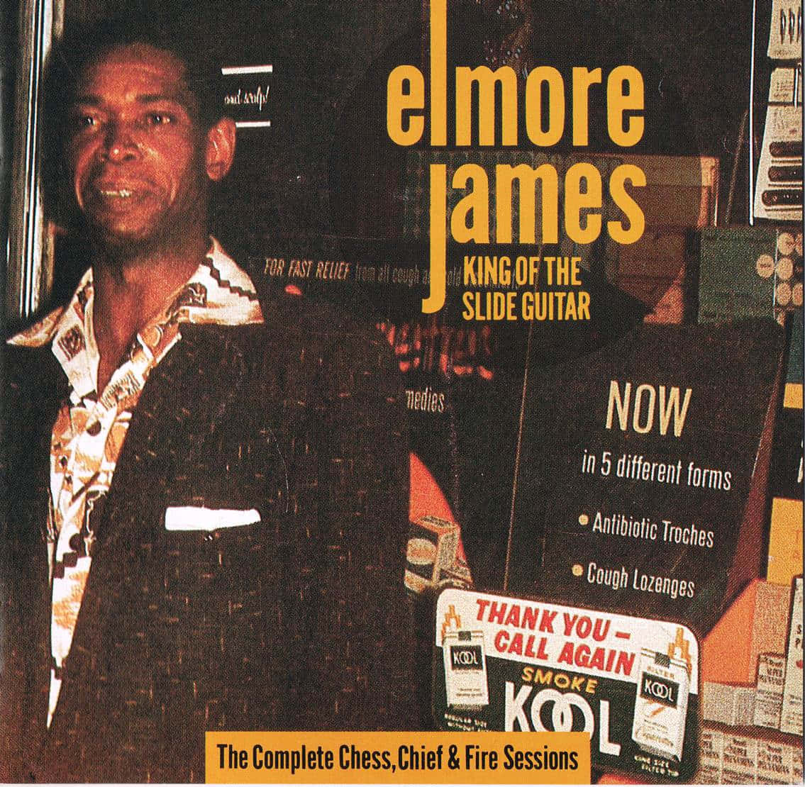 artist 桌布 壁紙 — 一張復古專輯封面，Elmore James 穿著圖案襯衫微笑，背景是復古廣告拼貼和粗體黃色文字。