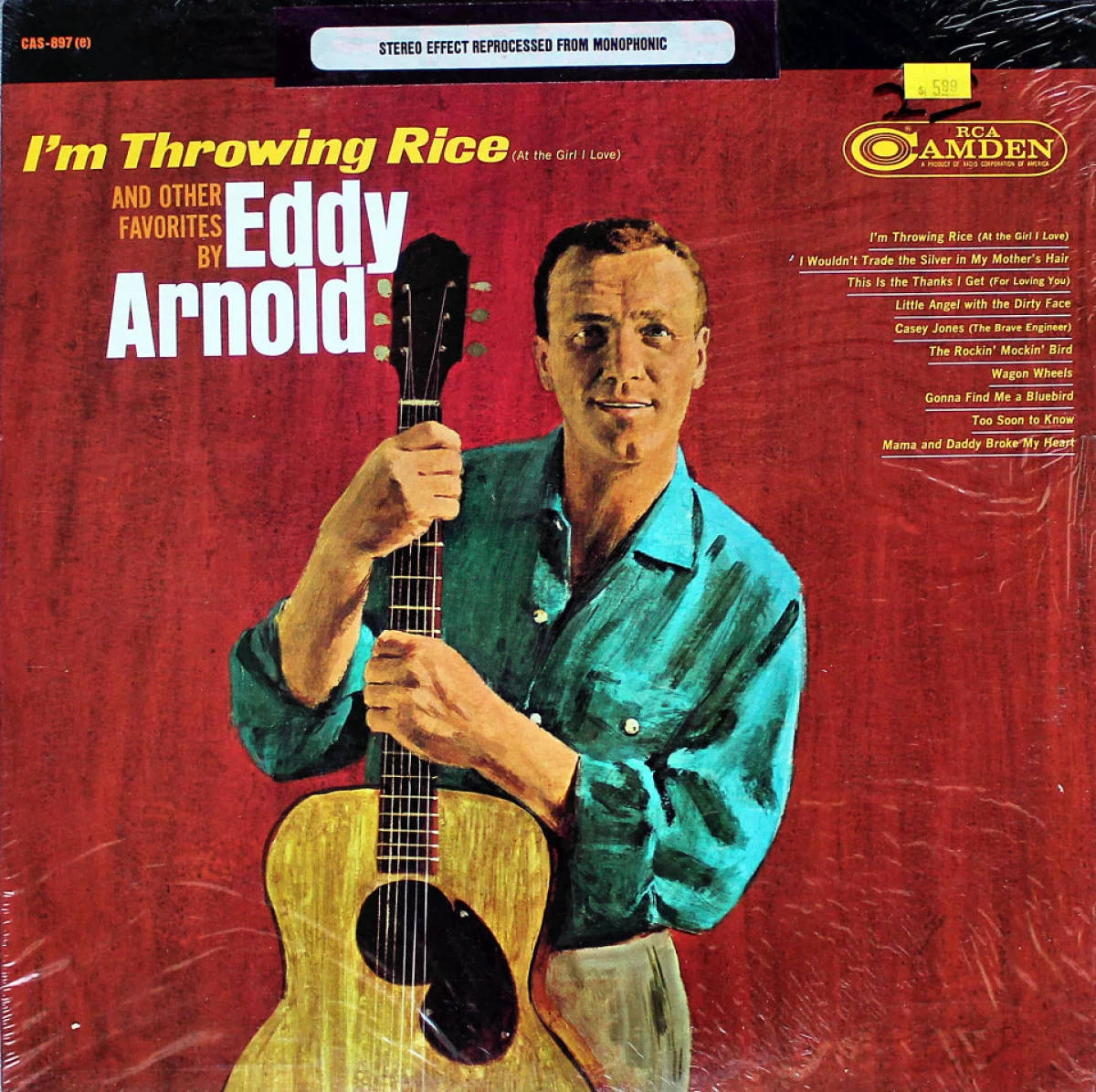 Album Cover 桌布 壁紙 — 一張復古專輯封面顯示Eddy Arnold手持一把原聲吉他，背景為帶紋理的紅色，並有粗體黃色和白色字體。